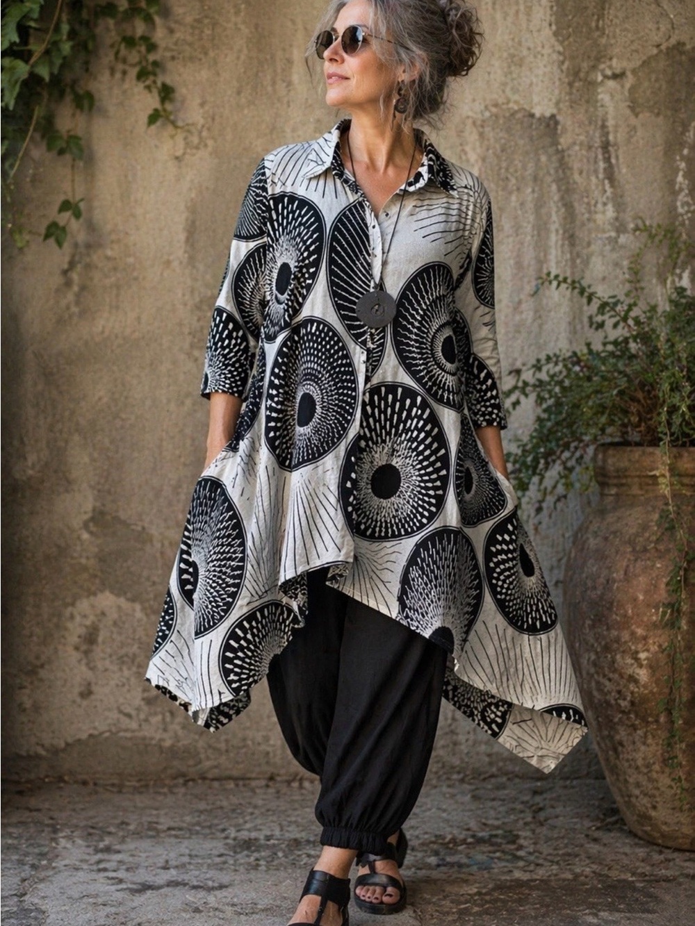 Step In Style Lagenlook Swing Dress M Black White Cotton Art To Wear Tunic NWT**